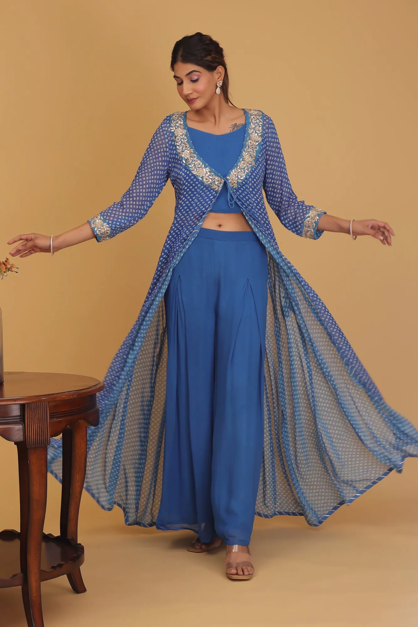 Bandhej Georgette Indowestern with Gota Patti work.