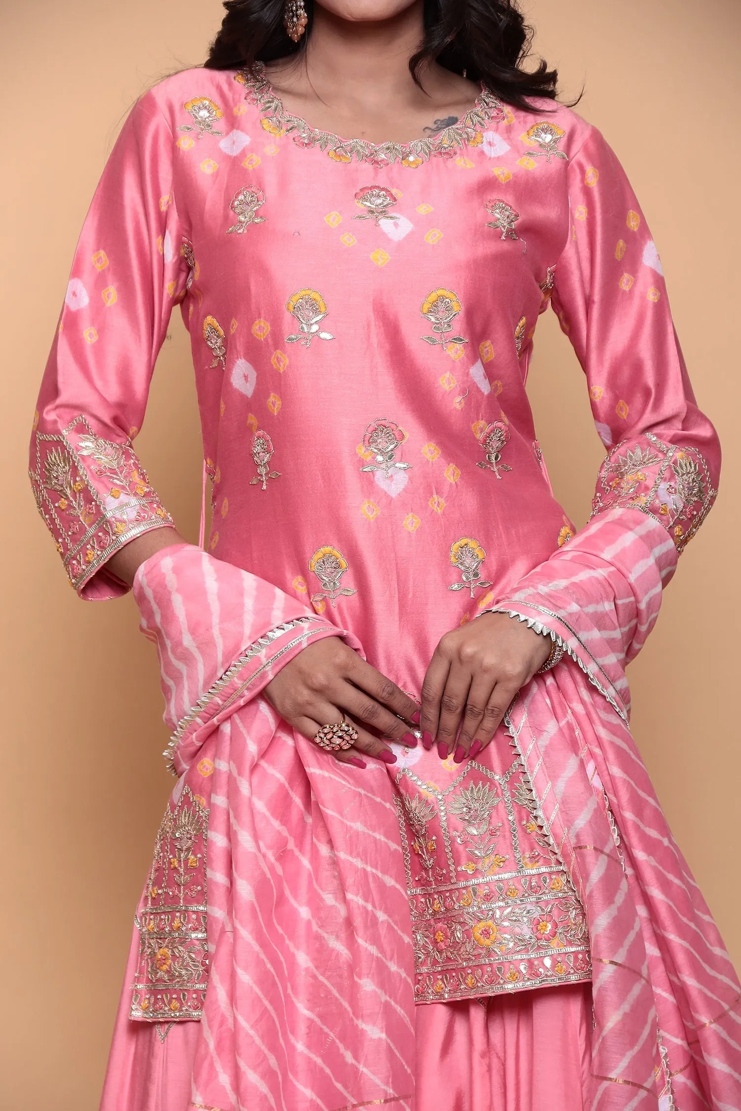 Bandhej Gota Patti Cotton Silk Suit with Gota Border.