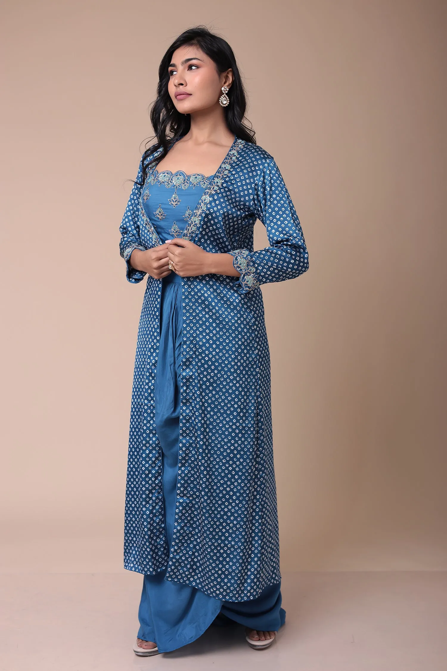 Bandhej Silk Jacket Style Indowestern with Dori and Embroidered work.