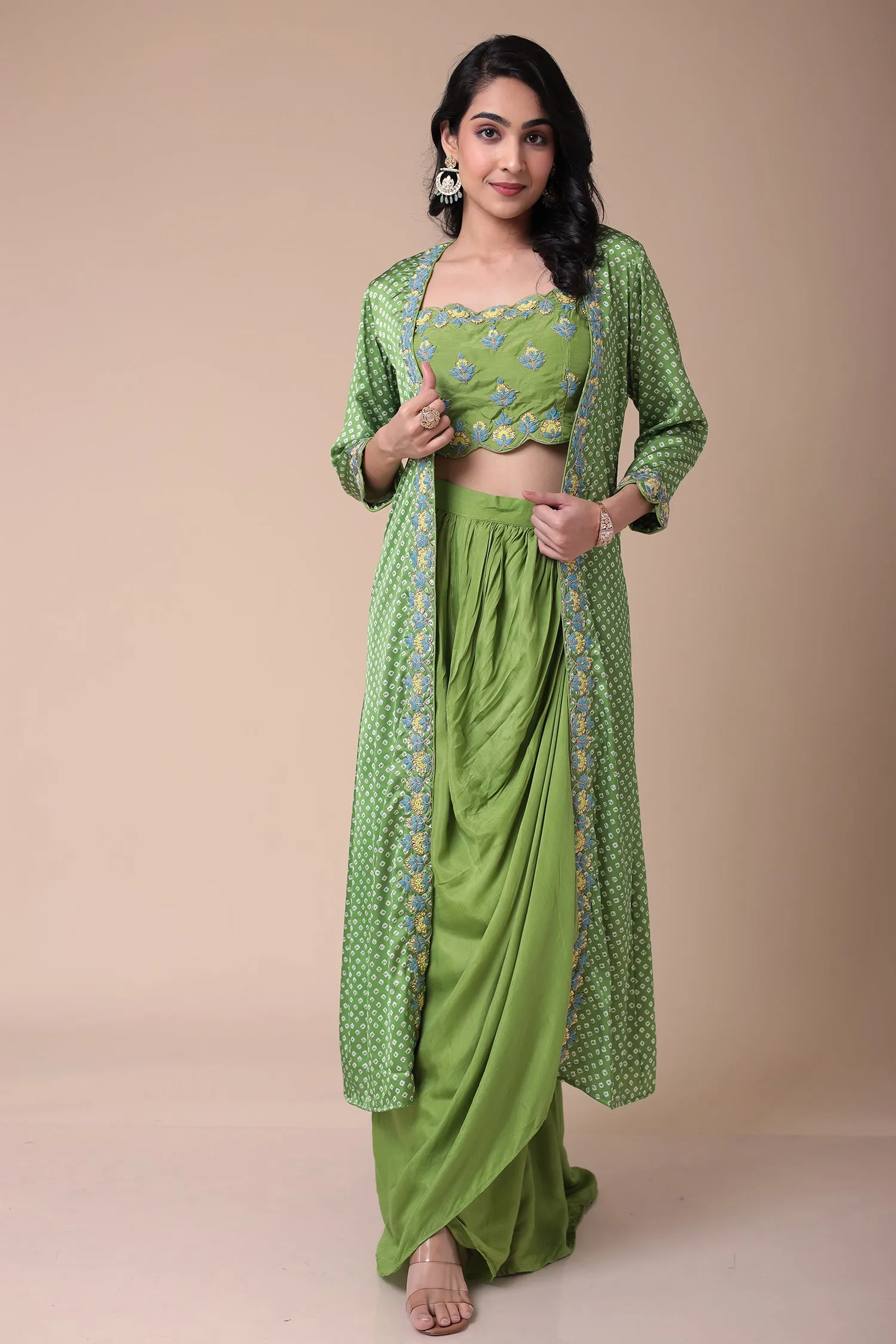 Bandhej Silk Jacket Style Indowestern with Dori and Embroidered work.