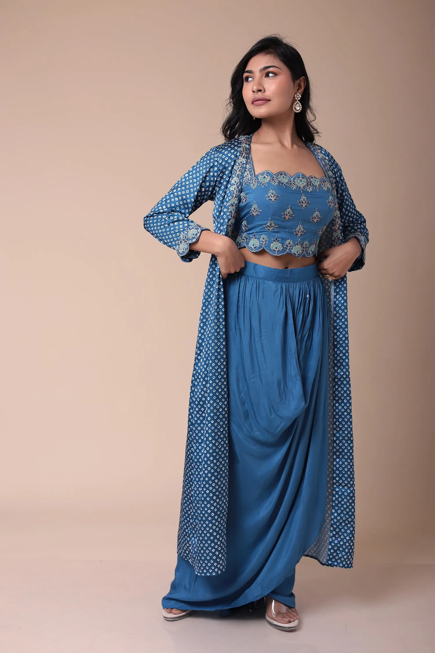 Bandhej Silk Jacket Style Indowestern with Dori and Embroidered work.