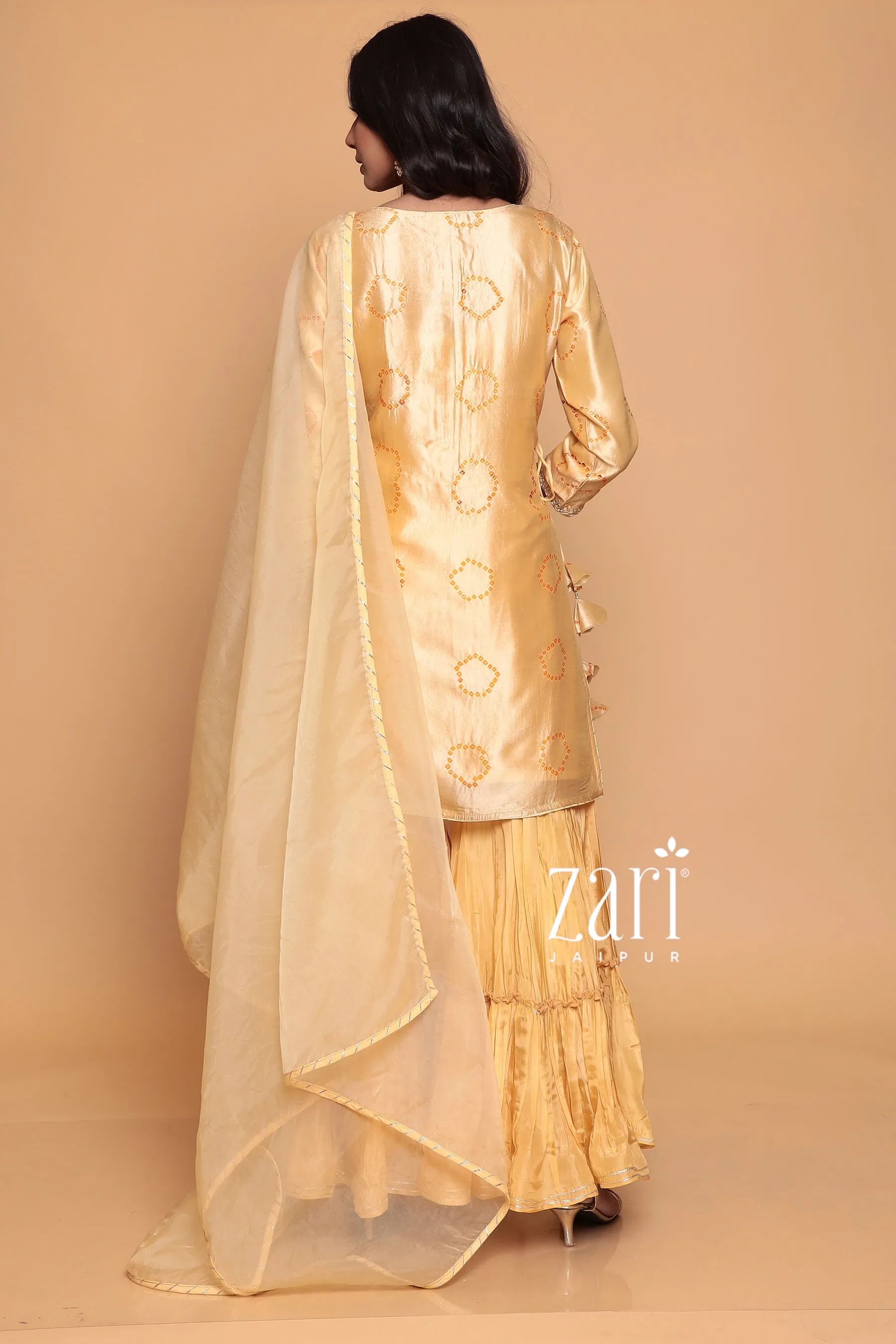 Bandhej Silk Suit with Dori, Gota Patti, Pearl, Sequins, Zardozi work.