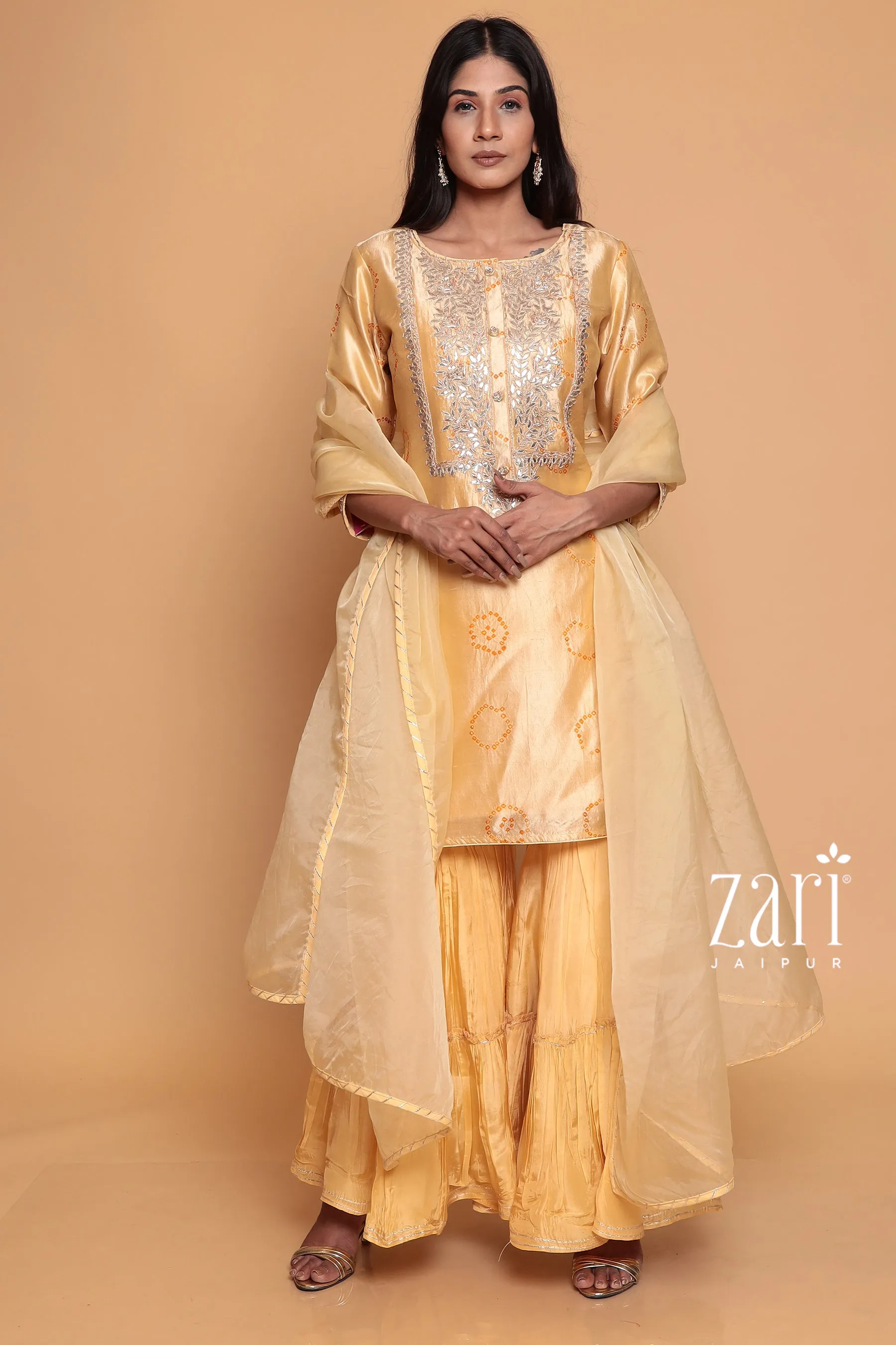 Bandhej Silk Suit with Dori, Gota Patti, Pearl, Sequins, Zardozi work.