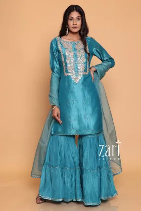 Bandhej Silk Suit with Dori, Gota Patti, Pearl, Sequins, Zardozi work.