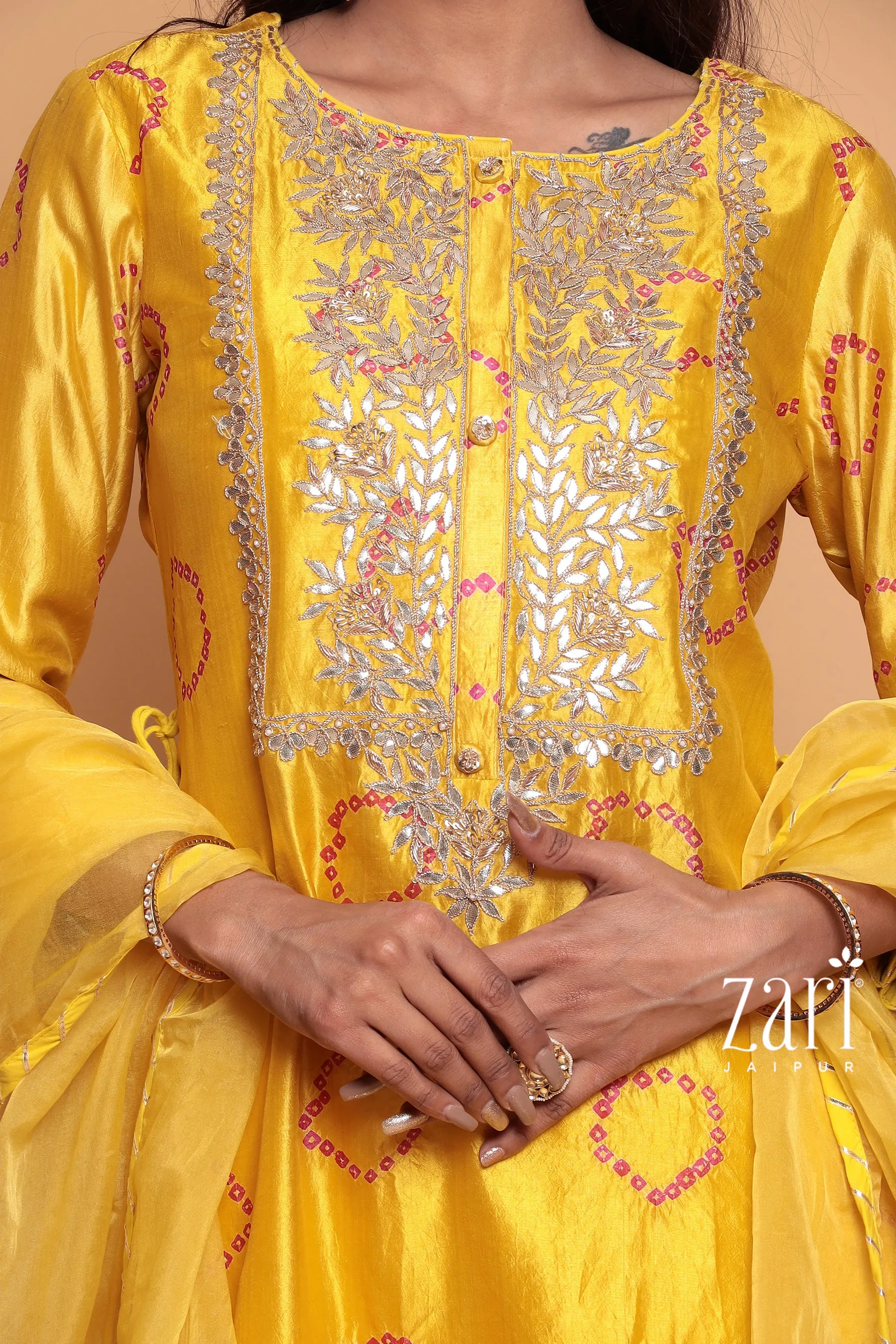 Bandhej Silk Suit with Dori, Gota Patti, Pearl, Sequins, Zardozi work.