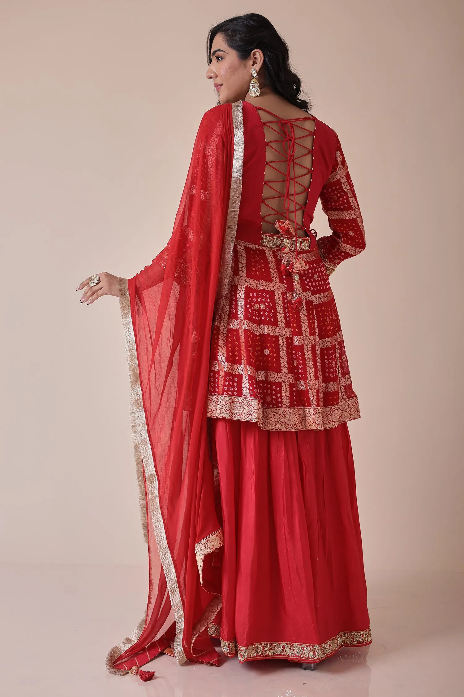 Bandhej Silk Suit with Gota Patti and Zardozi work