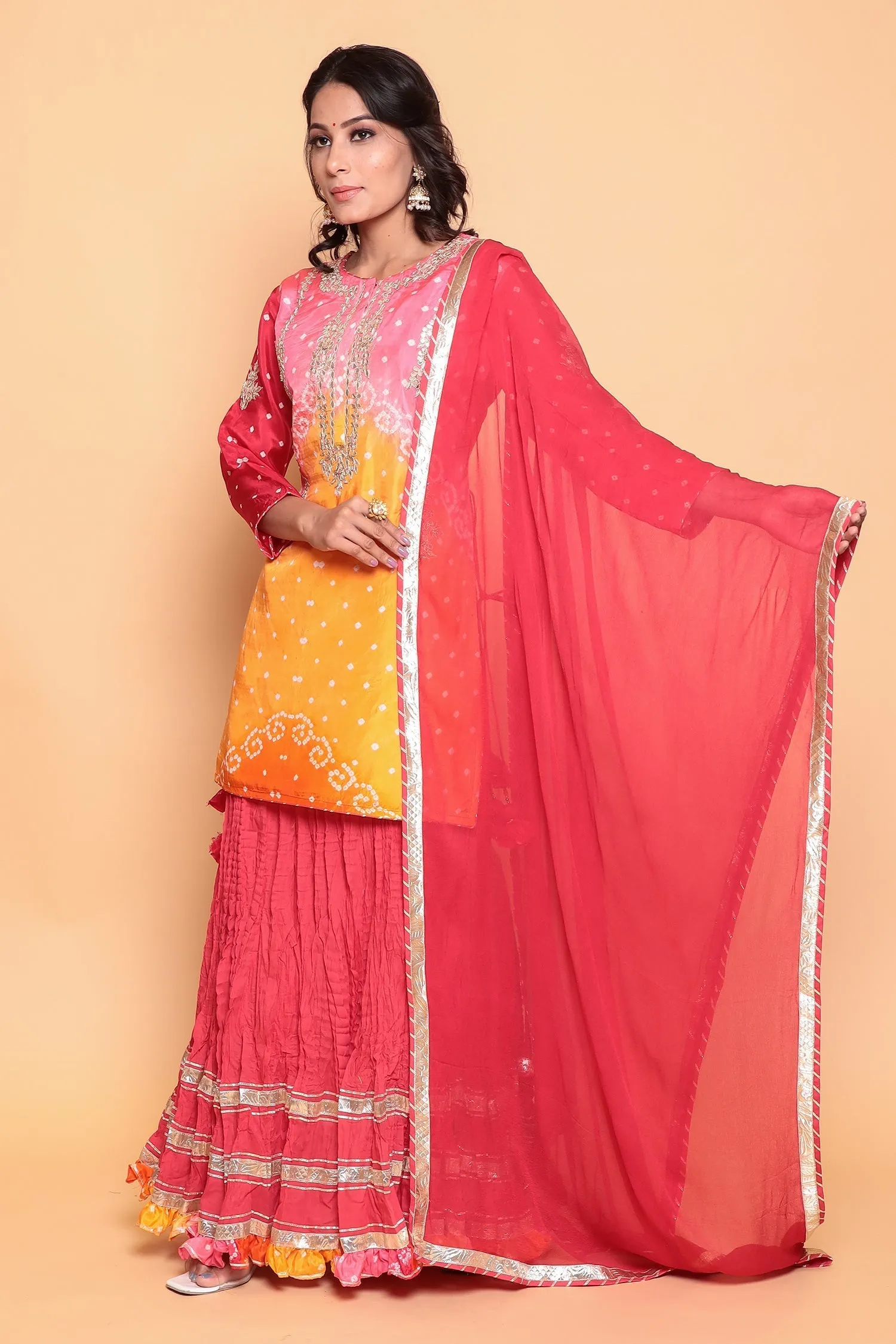 Bandhej Silk Suit with Gota Patti work.