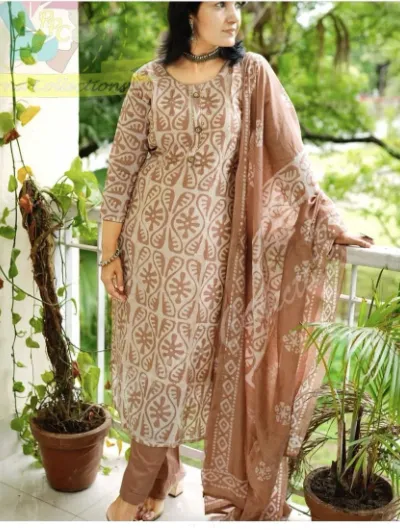 Beige Handblock  Cotton Salwar Suit