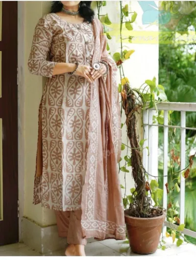 Beige Handblock  Cotton Salwar Suit