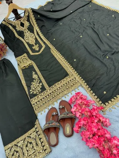 Black Chinon Silk With Gold Embroidery & Sequins Work Salwar Suit Set