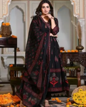 Black Cotton Angharakha Style Anarkali Suit Set