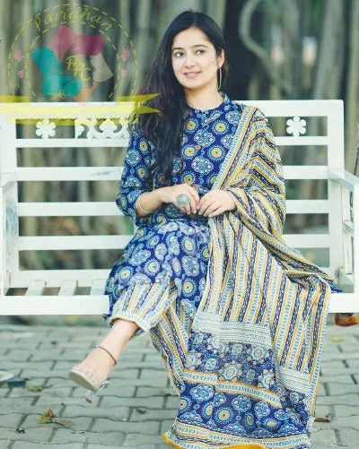 Blue Cotton Ajrakh Print Afghani Suit Set