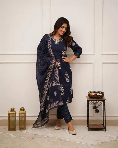 Blue Discharge Print Cotton Salwar Suit Set