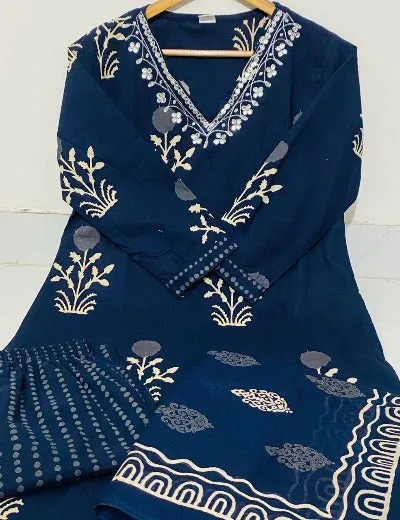 Blue Discharge Print Cotton Salwar Suit Set