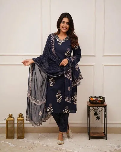 Blue Discharge Print Cotton Salwar Suit Set