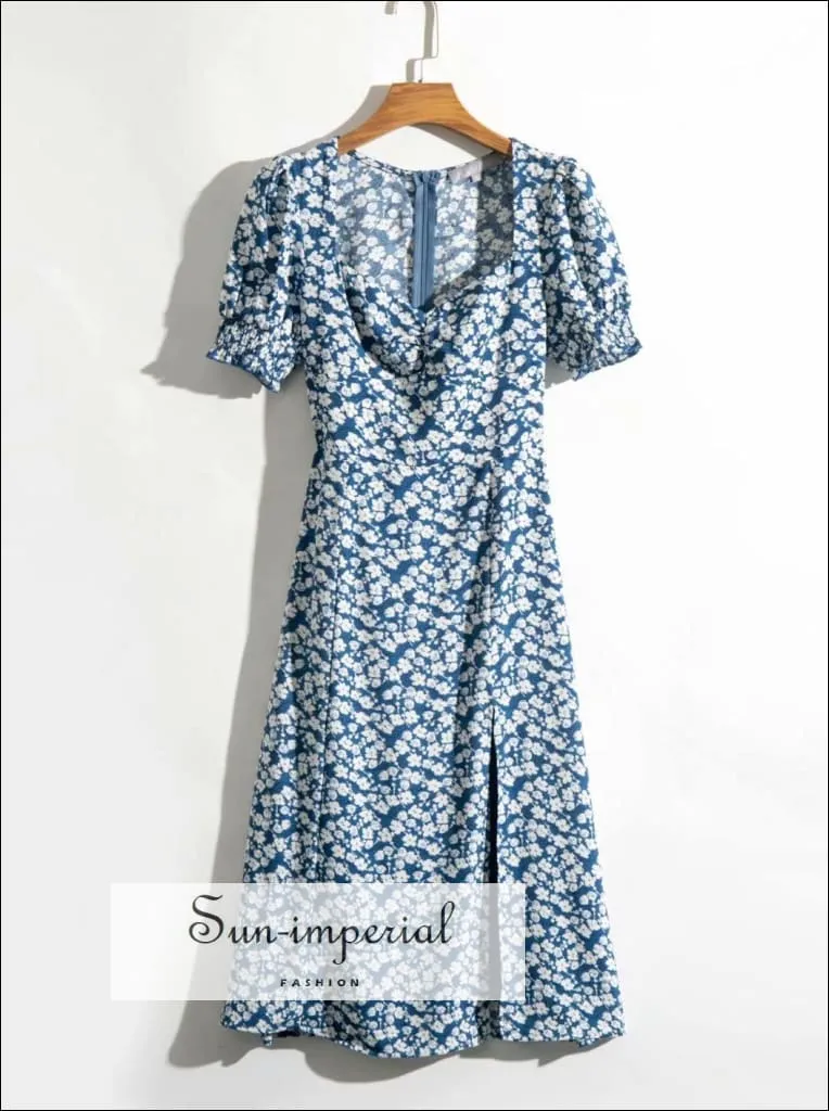 Blue Floral Vintage side Split Midi Dress Ruched Bust Style