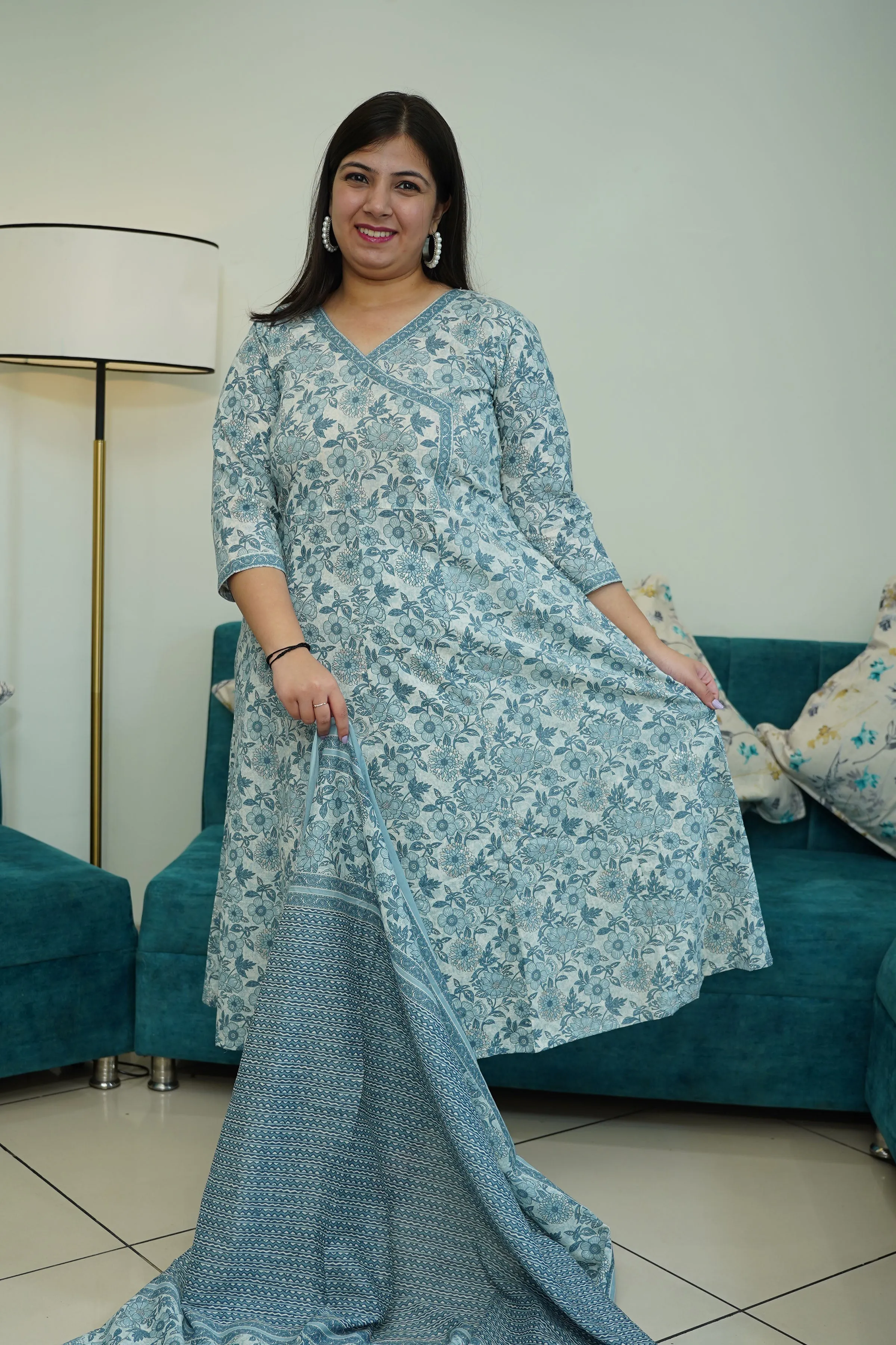 Blue Kalidar Bagh Printed Suit Set