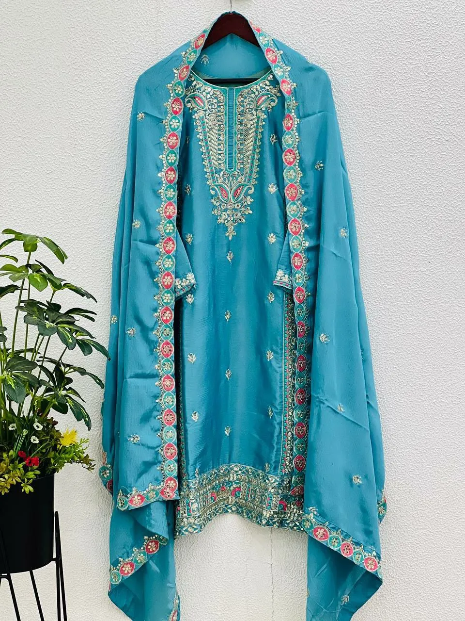 Blue Pure Chinon Silk Embroidered Salwar Suit Set