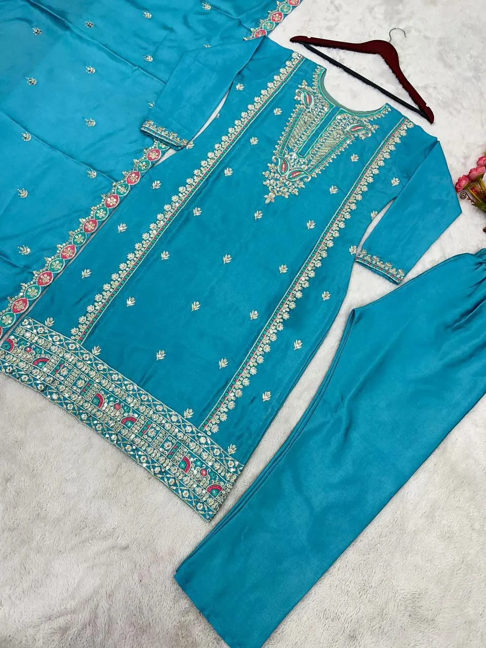 Blue Pure Chinon Silk Embroidered Salwar Suit Set