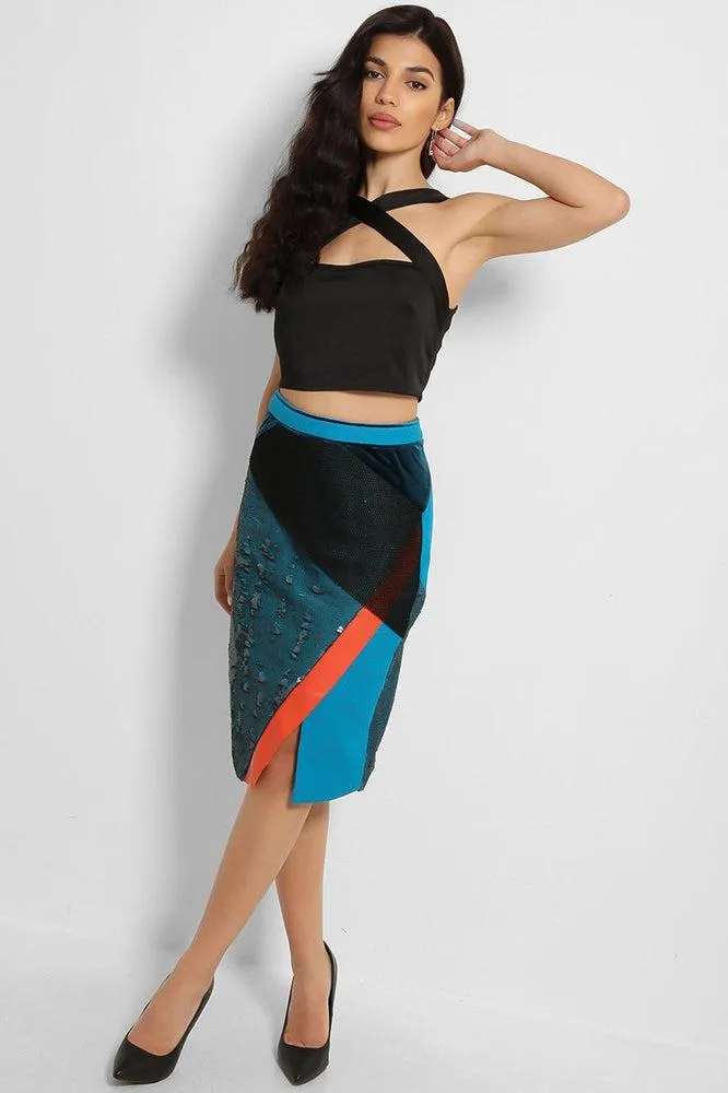 Blue Sequins Coral Stripe Structured Midi Skirt