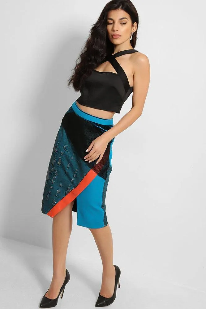 Blue Sequins Coral Stripe Structured Midi Skirt