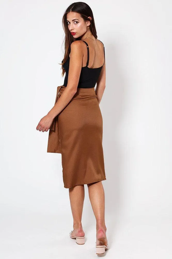 Brown Belted Slit Pencil Skirt