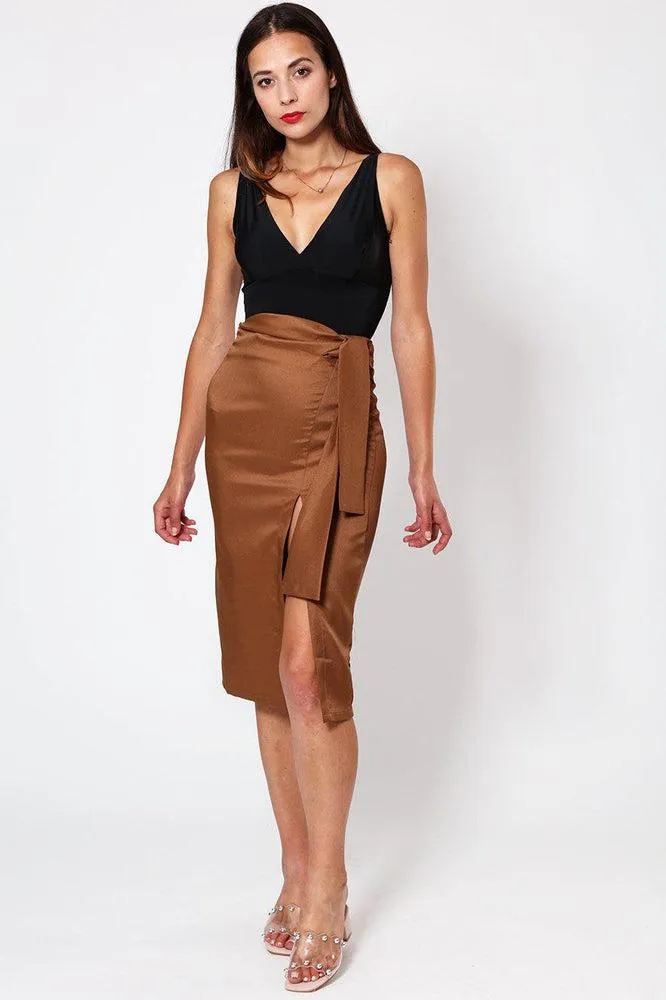 Brown Belted Slit Pencil Skirt