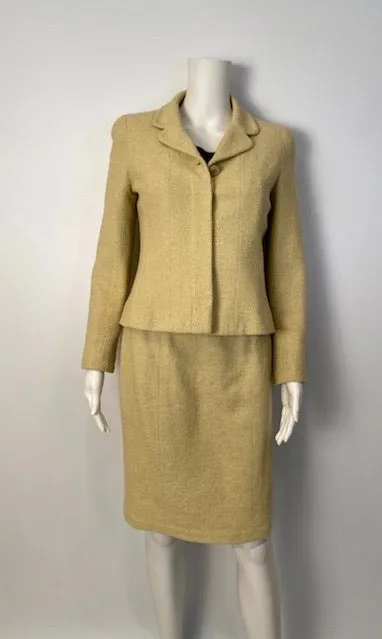 Chanel Boutique Cotton Boucle Yellow Green Skirt Blazer Jacket Suit Set US 4/6