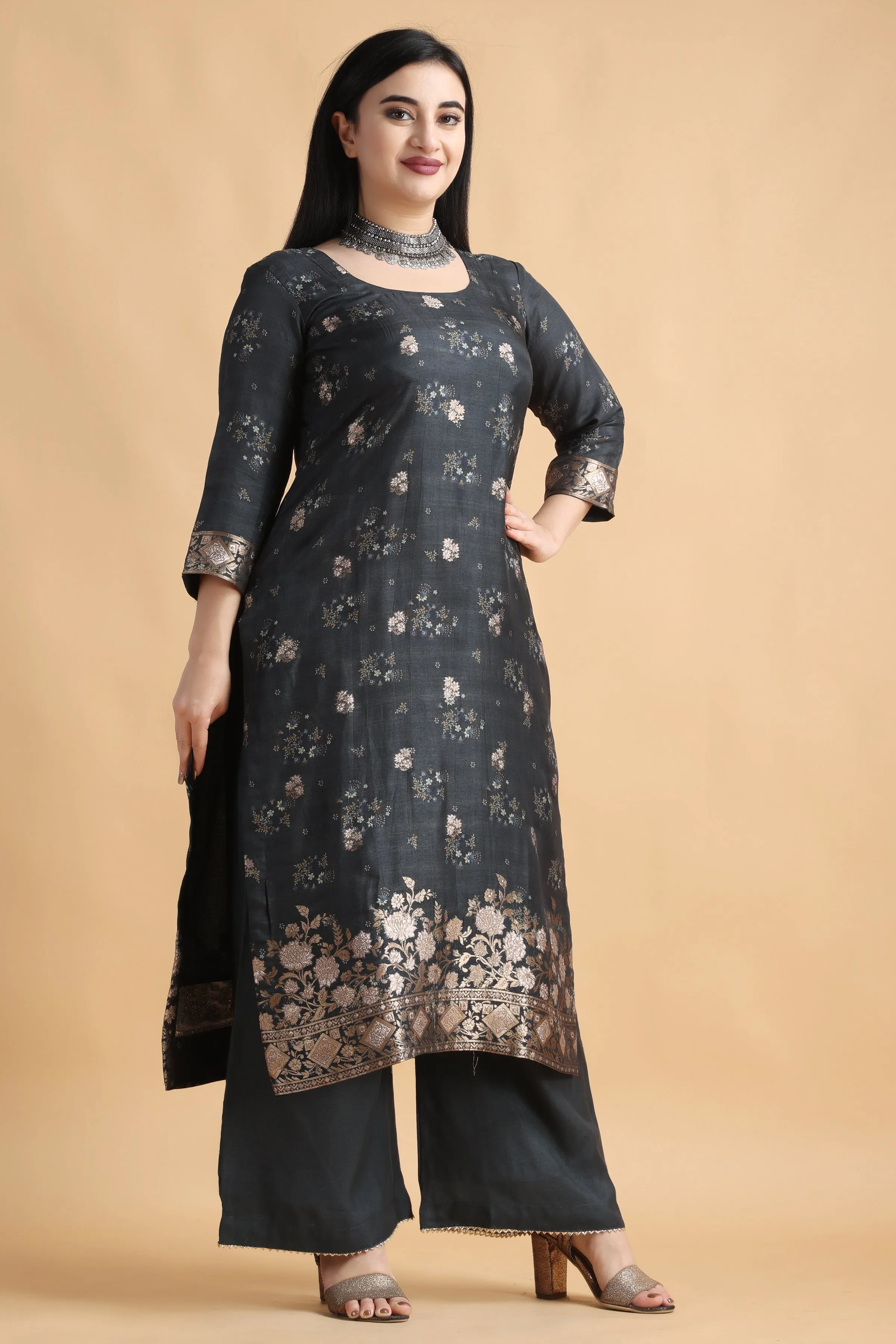 Charcoal Grey Jacquard Silk Suit