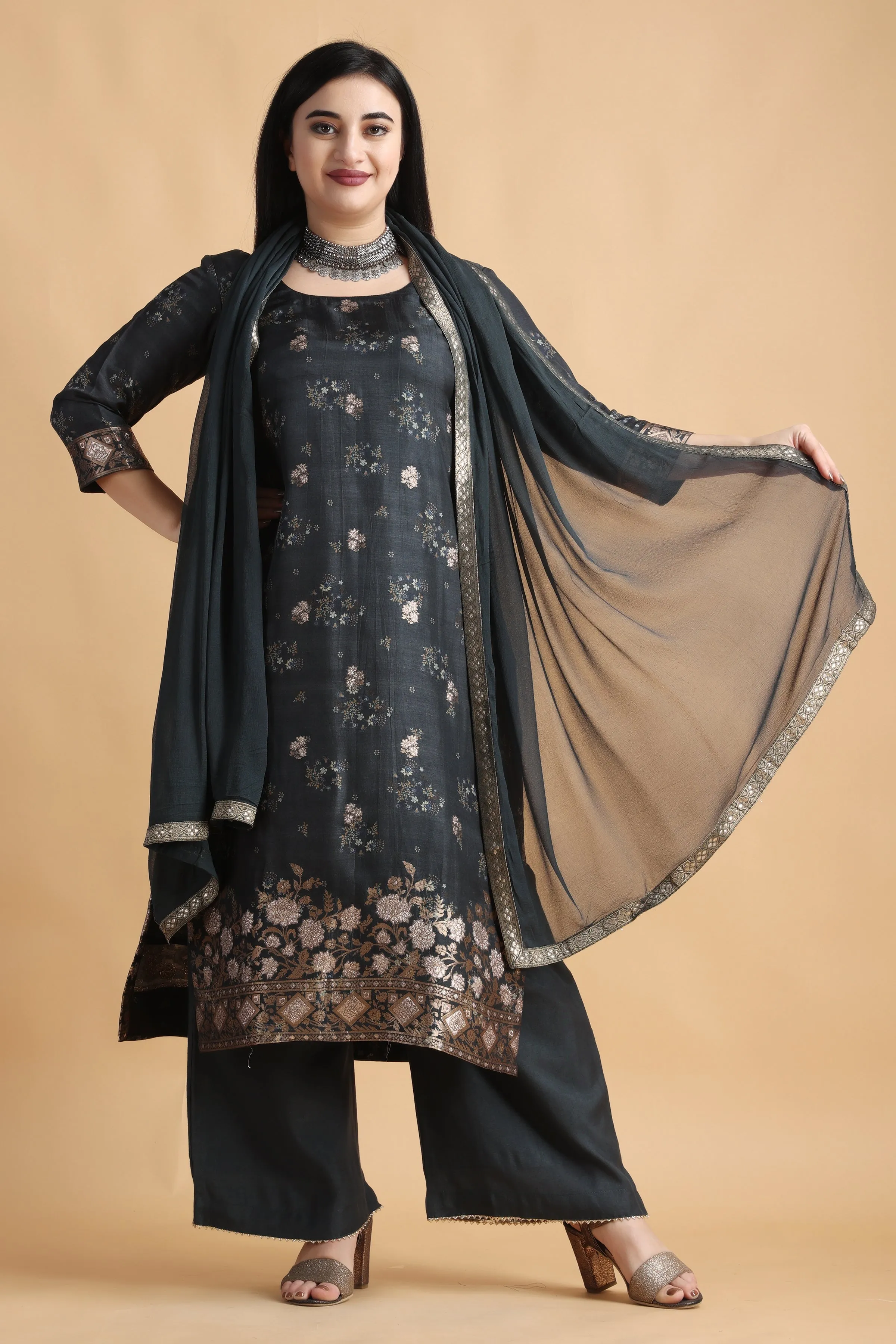 Charcoal Grey Jacquard Silk Suit