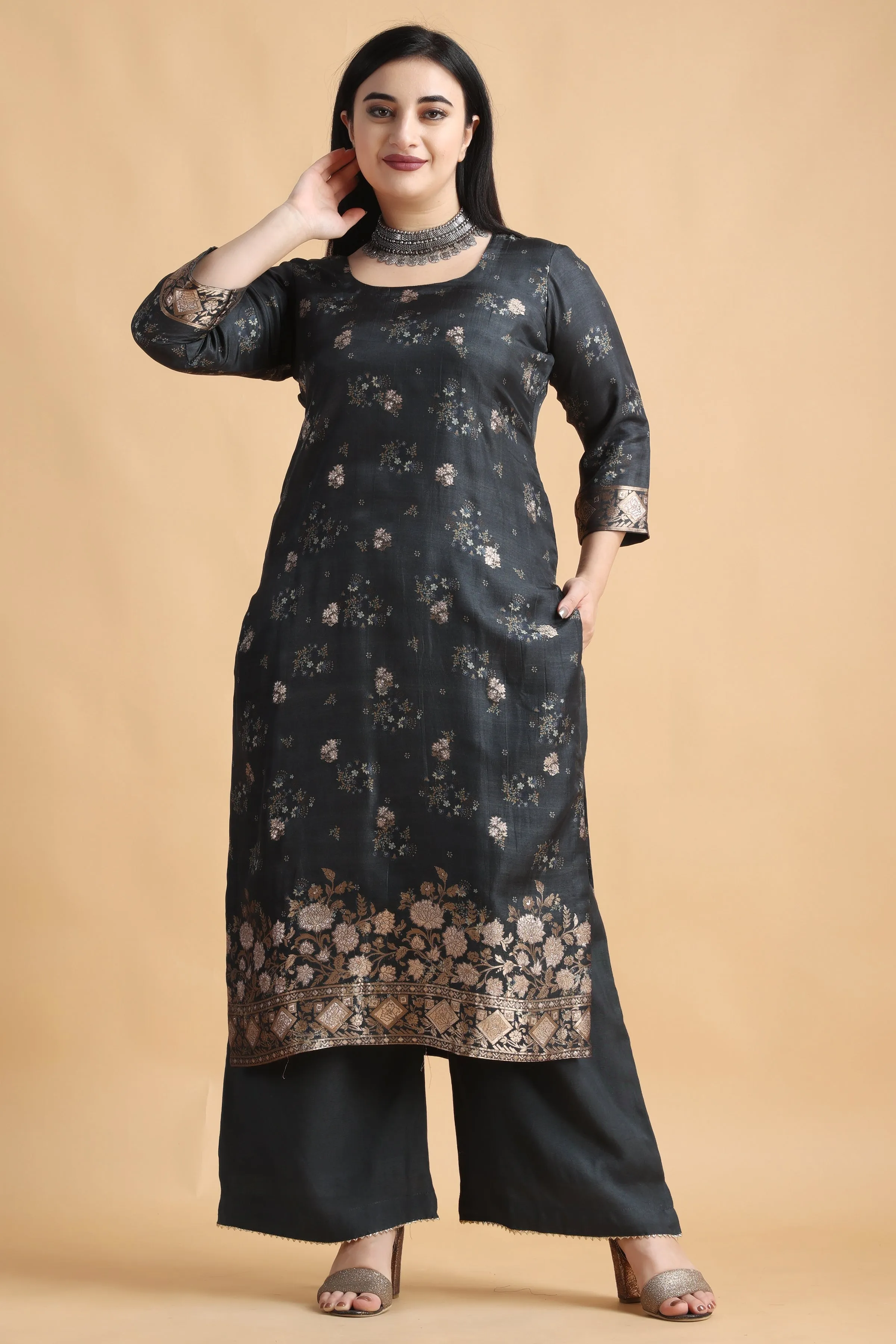 Charcoal Grey Silk Dress Material