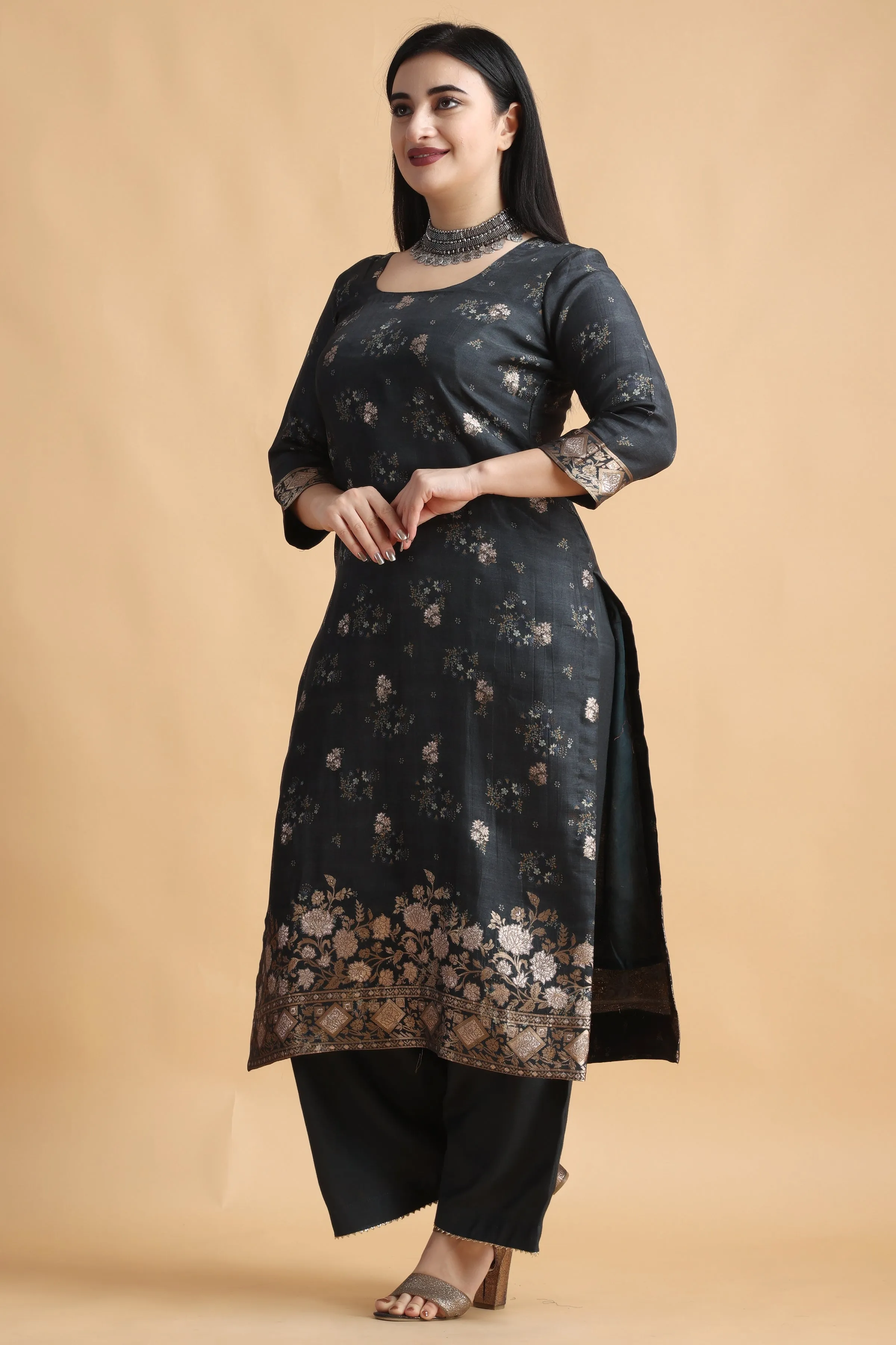 Charcoal Grey Silk Dress Material