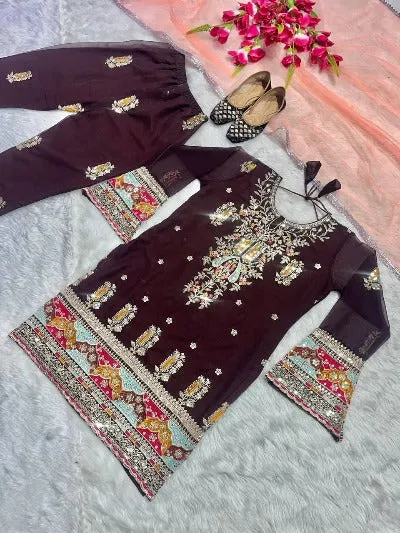 Coffee Brown Georgette Multi Embroidery Salwar Suit Set