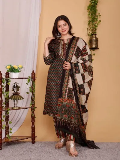 Dark Green Cotton Hand Block Print Salwar Suit Set