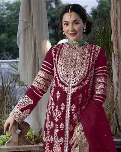 Deep Red Designer Georgette Sequence Work Straight Suit Set