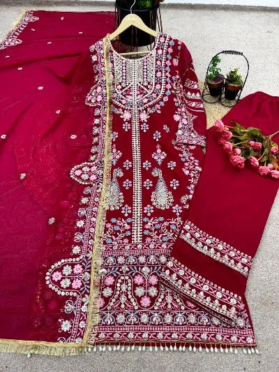 Deep Red Designer Georgette Sequence Work Straight Suit Set