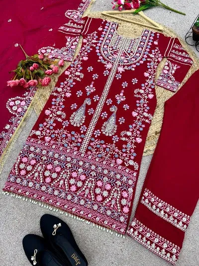 Deep Red Designer Georgette Sequence Work Straight Suit Set