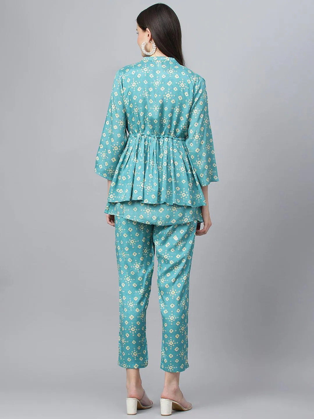 Divena Bandhani Teal Muslin Three Piece Top Pant Set with Peplum Jecket