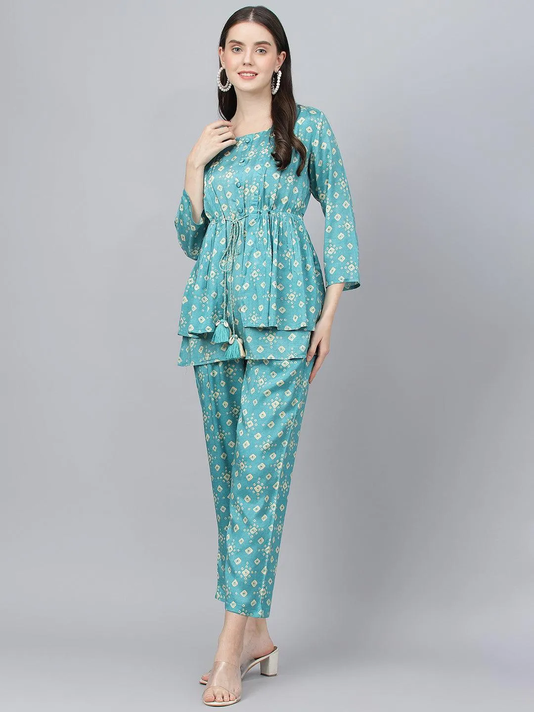 Divena Bandhani Teal Muslin Three Piece Top Pant Set with Peplum Jecket