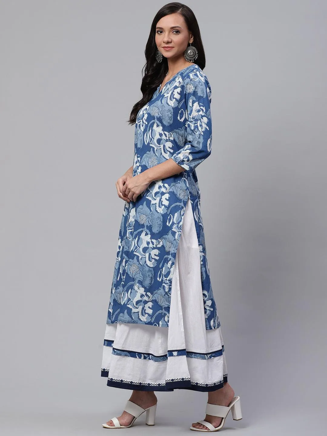 Divena Blue Cotton Kurta With Mulmul Sharara