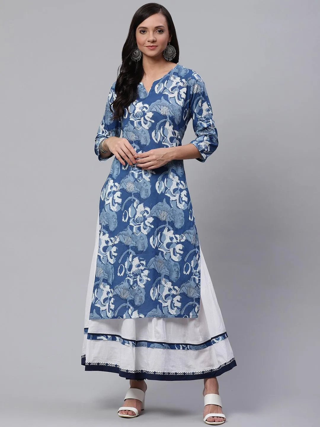 Divena Blue Cotton Kurta With Mulmul Sharara