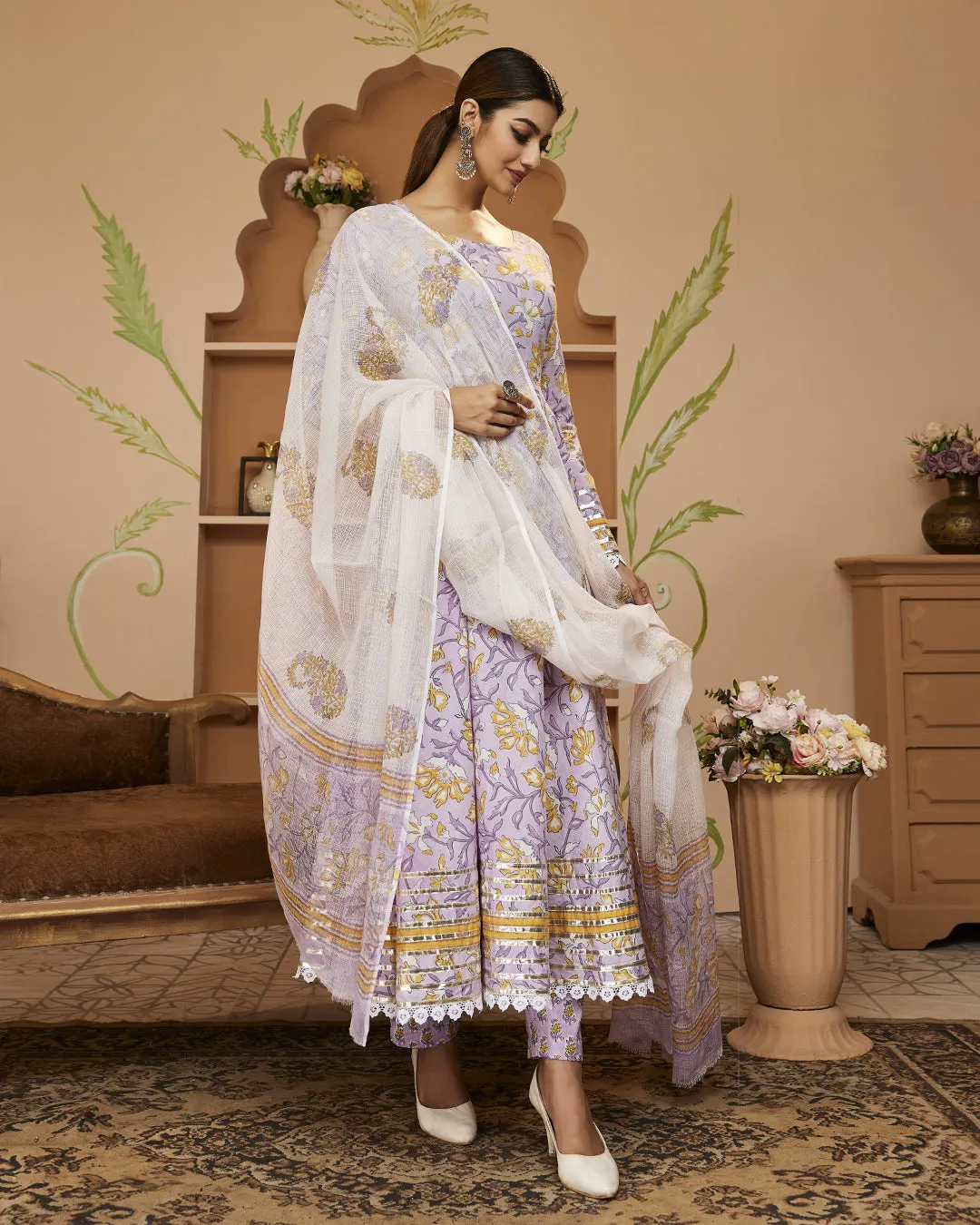 Divena Handblock Printed Lavender Anarkali Cotton Kurta With Trousers & Dupatta