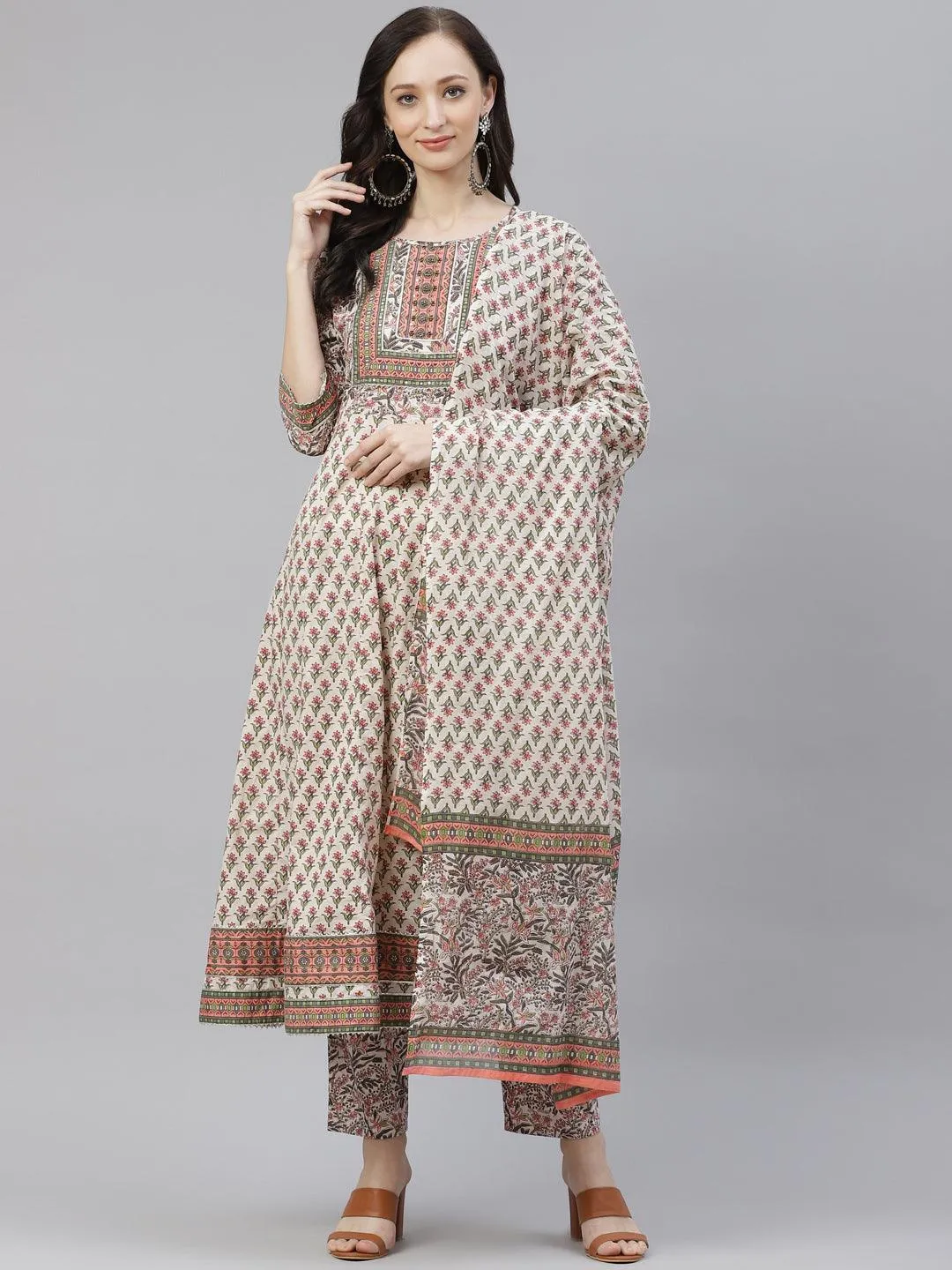 Divena Off white Floral anarkali kurta pant set with Dupatta