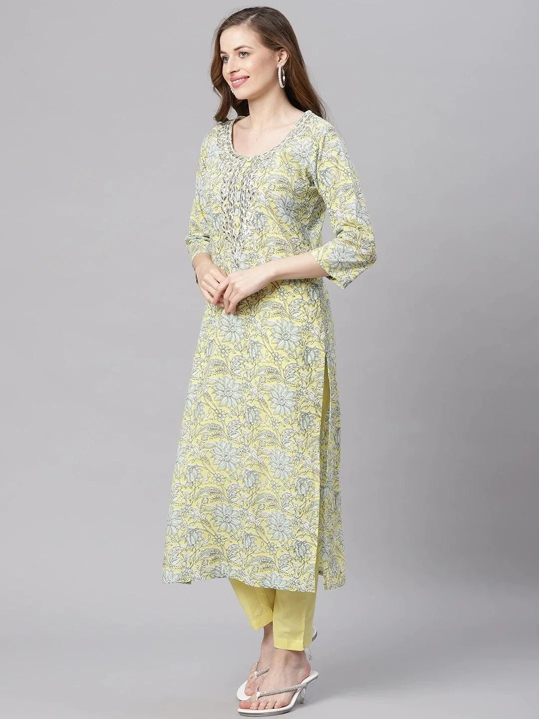 Divena  yellow Cotton Straight Kurta pant set