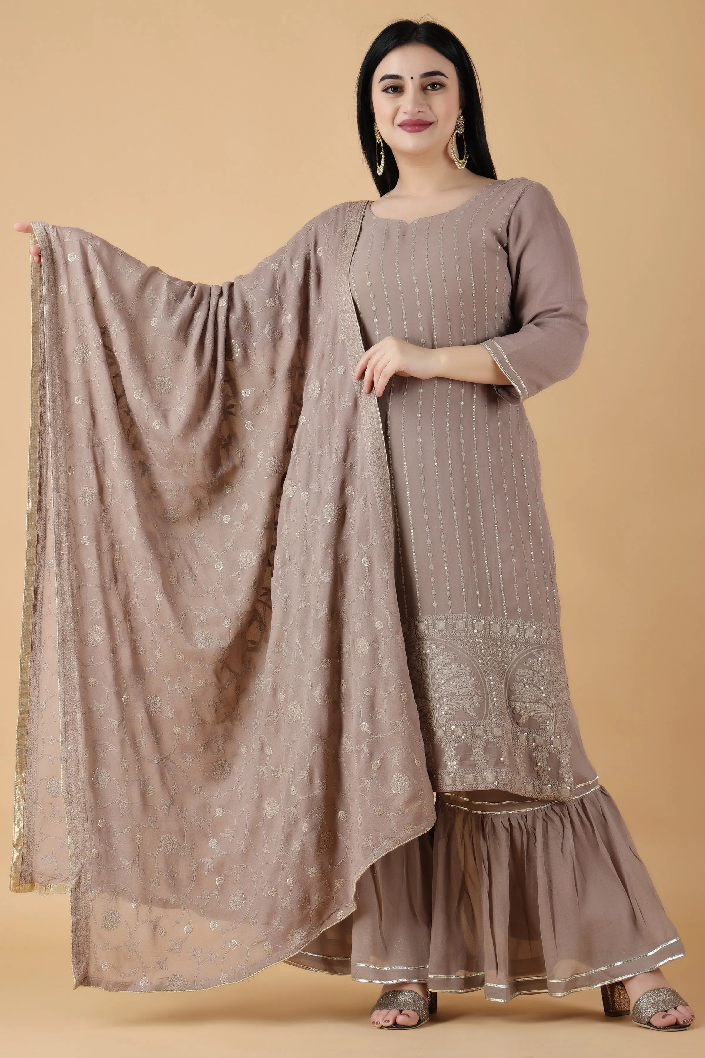 Earthy Brown Sequin Sharara Suit