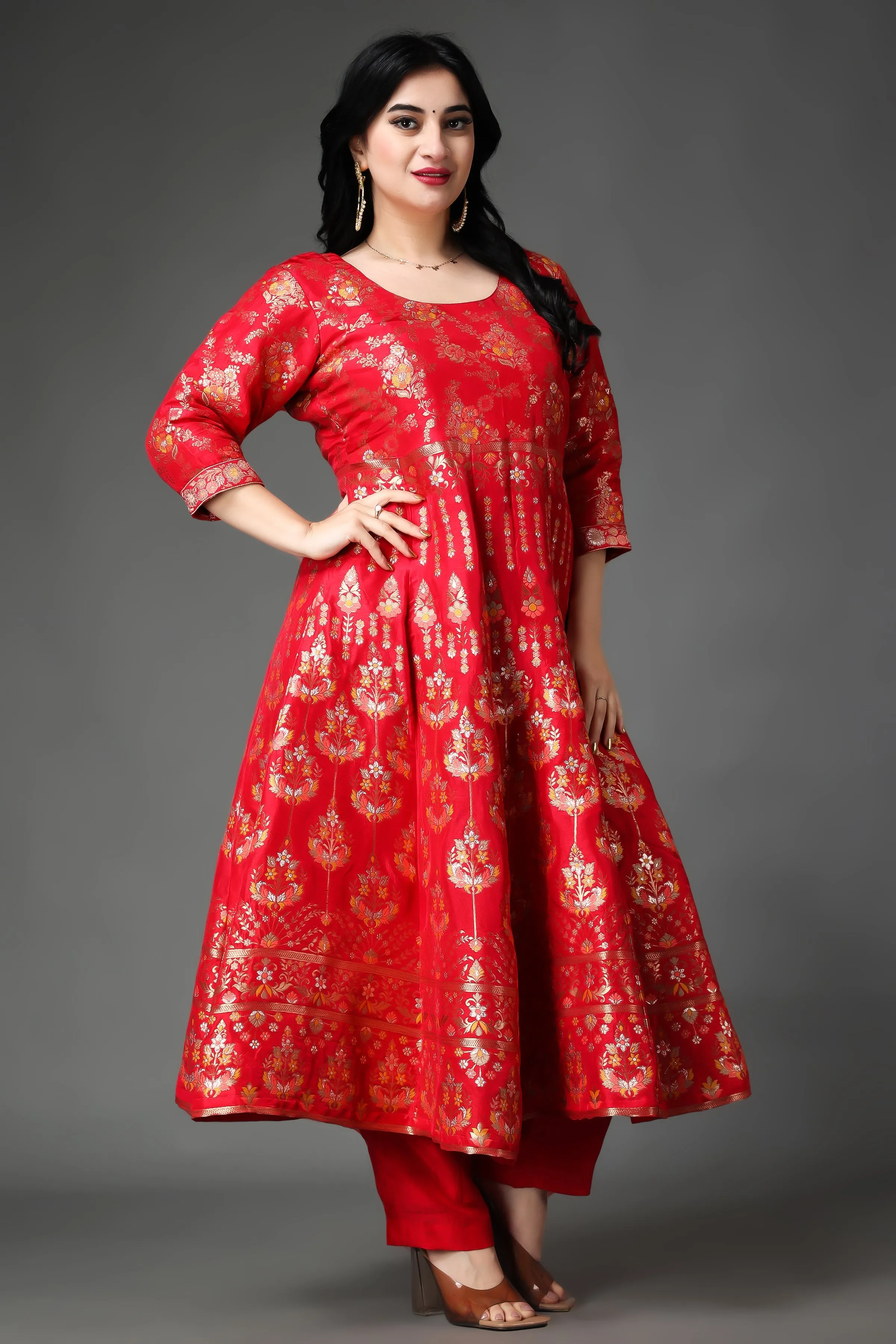 Fiesta Red Tanjore Silk Anarkali Set