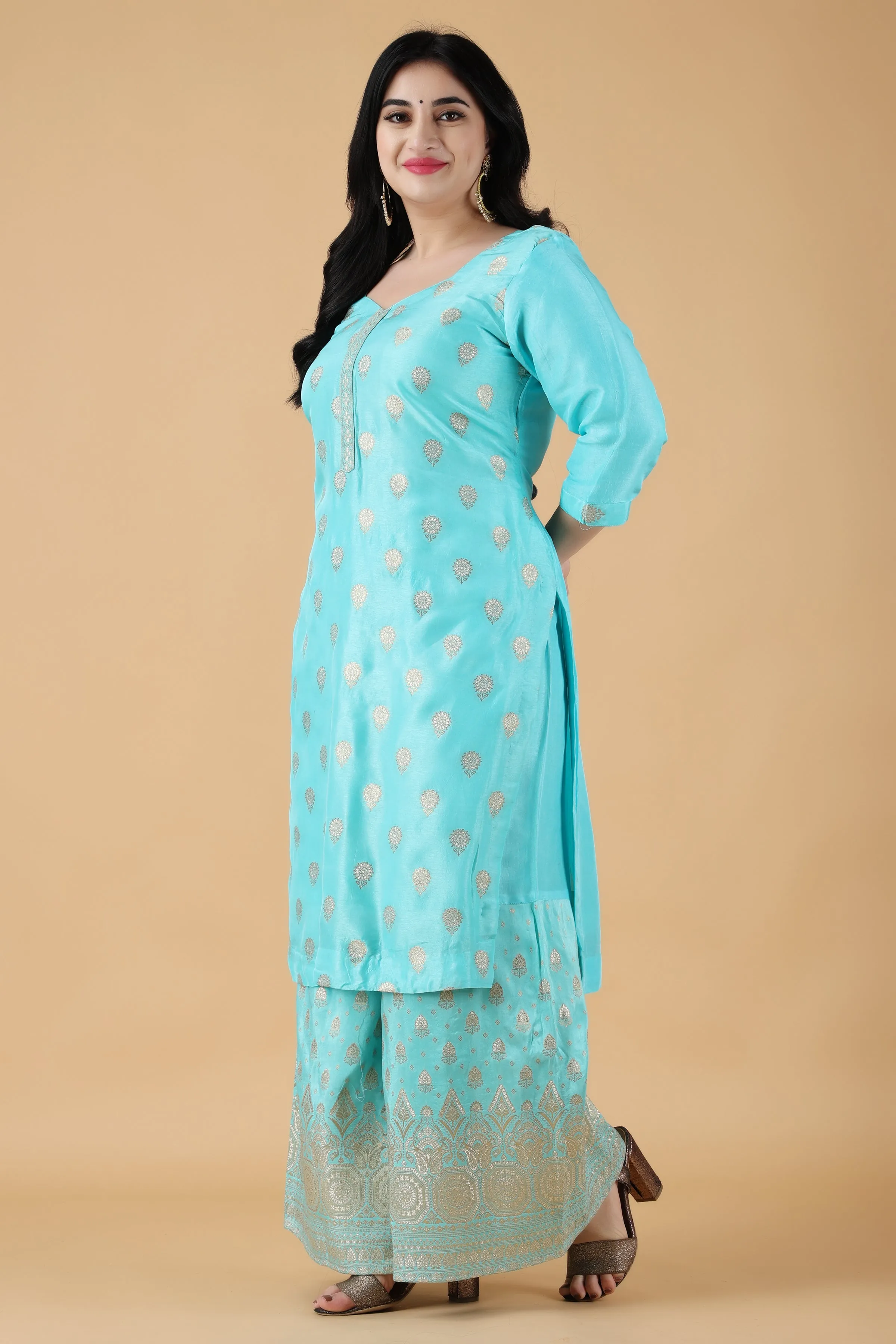 Firozi Marble Silk Sharara Suit