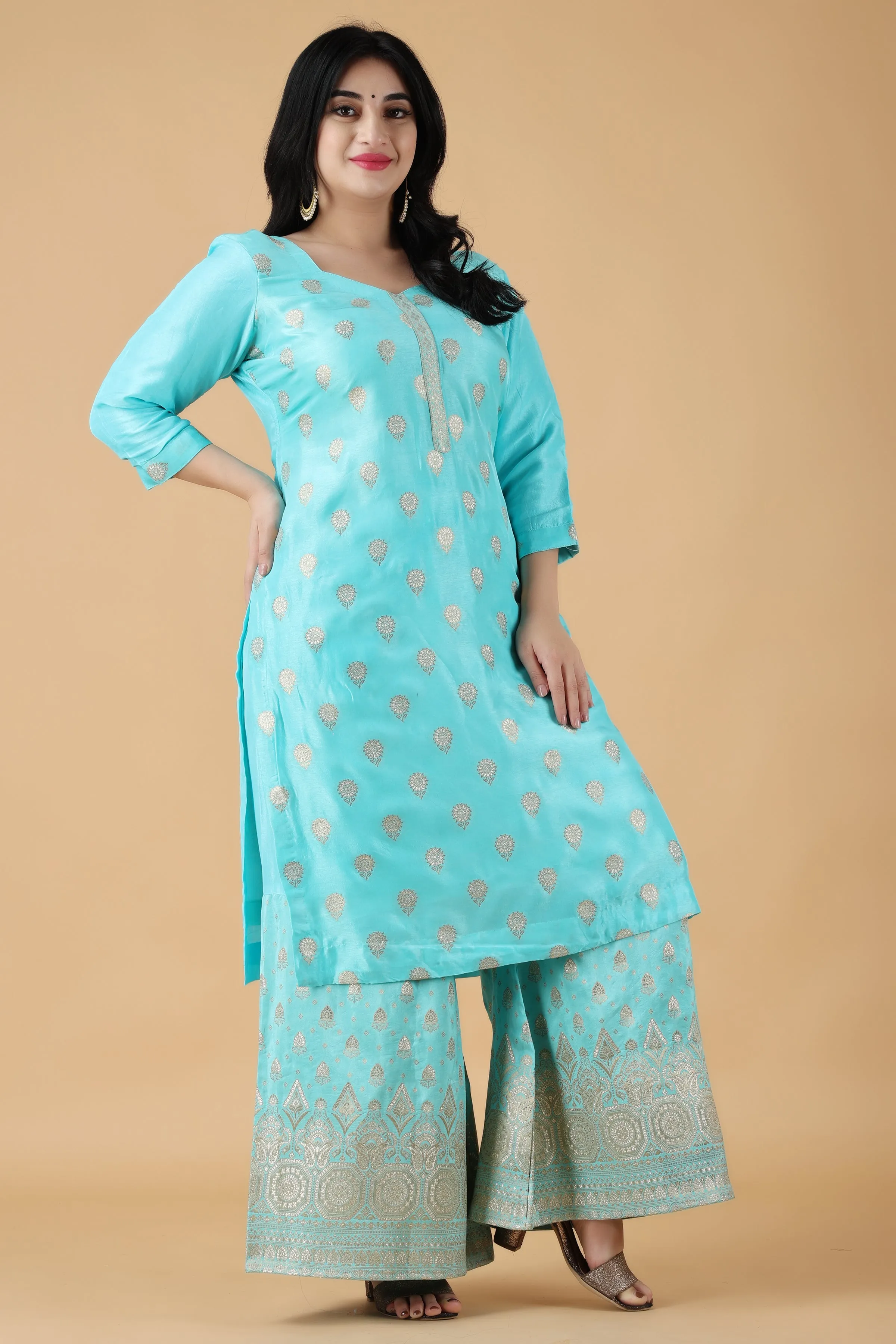 Firozi Marble Silk Sharara Suit