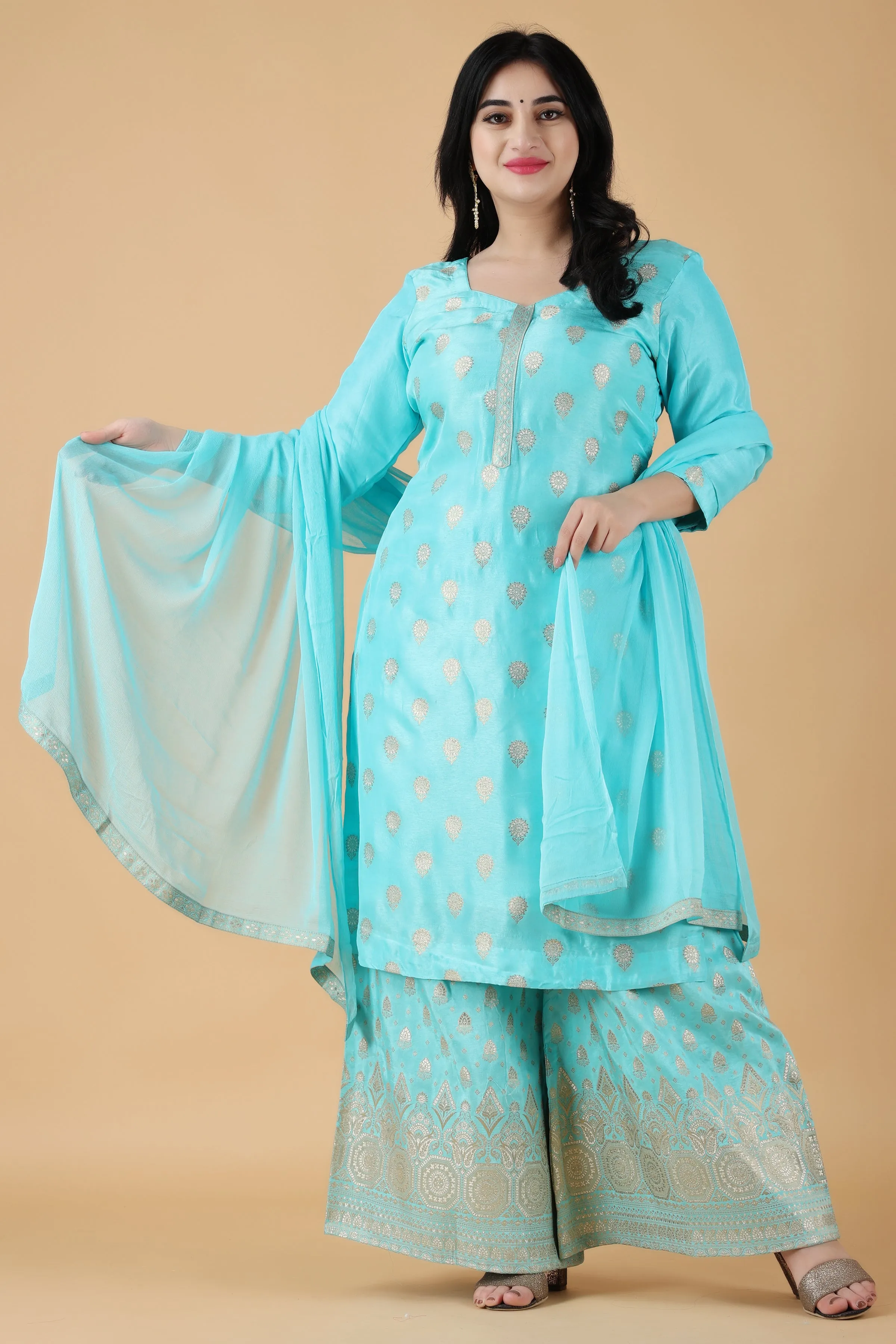 Firozi Marble Silk Sharara Suit