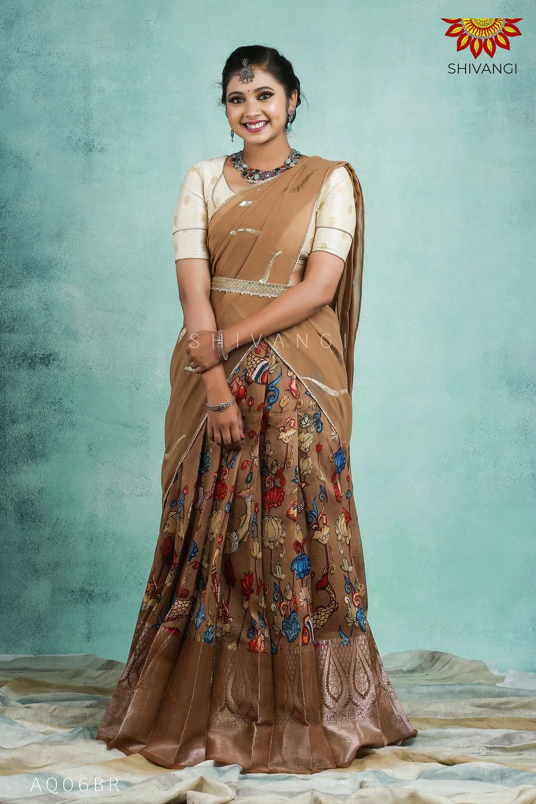 Girls Brown Kalamkari Fish Half Saree | Langa davani